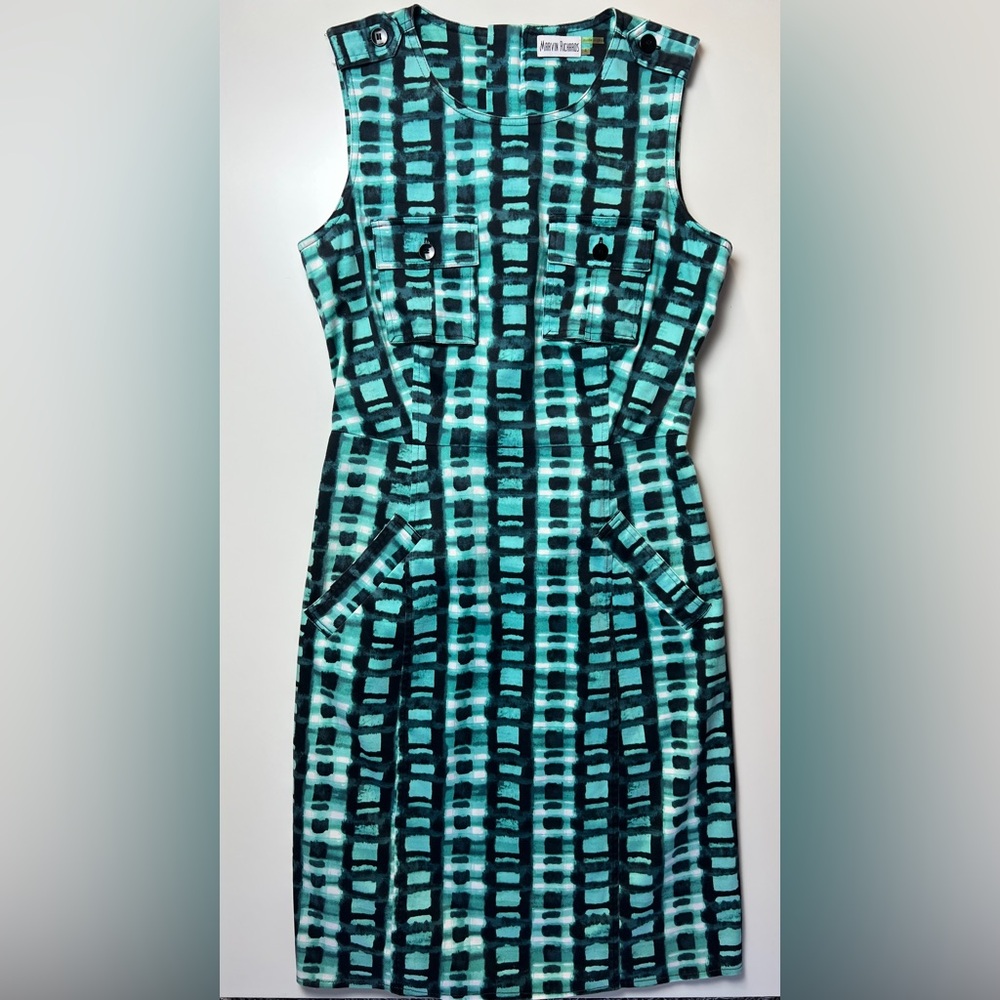 Marvin Richards Cotton Sheath Dress Teal Abstract Print Utility Pockets Size 4 - Picture 2 of 13